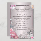 Roze Bloemen en Vlinder Uitnodiging (Voorkant / Achterkant)