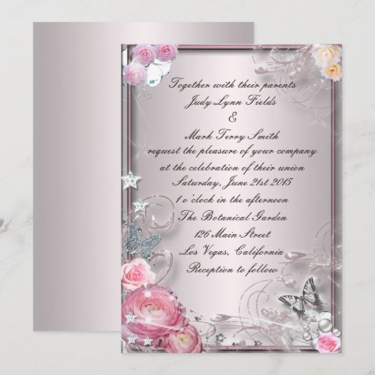 Roze Bloemen en Vlinder Uitnodiging (Voorkant / Achterkant)