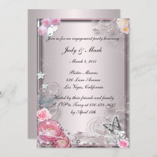 Roze Bloemen en Vlinder Verlovingsfeest Uitnodigen Kaart (Voorkant / Achterkant)