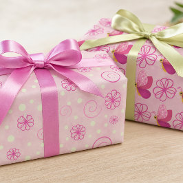 Roze Bloemen En Vlinders In Verschillende Tinten Inpakpapier Vel