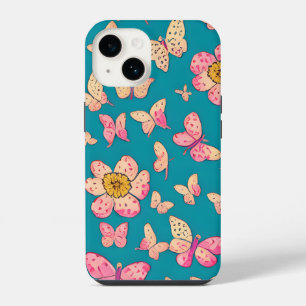 Roze Bloemen en Vlinders Patroon Achtergrond iPhone 14 Hoesje
