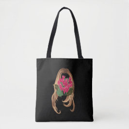 Roze bloemen en vrouwengezicht tote bag