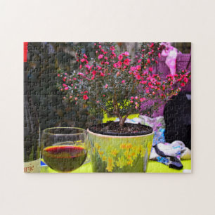 Roze bloemen en wijn in Parijs Legpuzzel