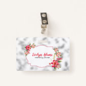 Roze bloemen en zilver wazig glas badge (Voorkant met clip)