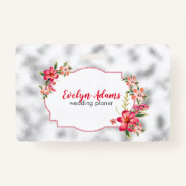 Roze bloemen en zilver wazig glas badge