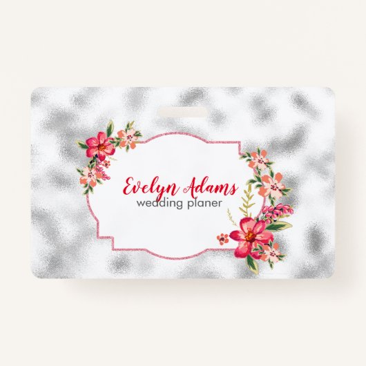 Roze bloemen en zilver wazig glas badge (Achterkant)