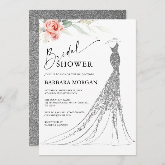 Roze Bloemen en Zilveren Trouwjurk Vrijgezellenfee Kaart (Voorkant / Achterkant)