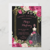 Roze bloemen en zwarte achtergrond 16e verjaardag kaart (Voorkant)