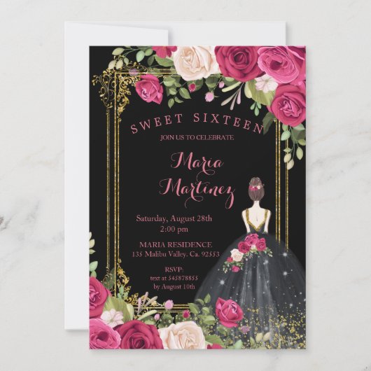 Roze bloemen en zwarte achtergrond 16e verjaardag kaart (Voorkant)
