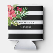 Roze bloemen en zwarte witte strepen blikjeskoeler (Achterkant)