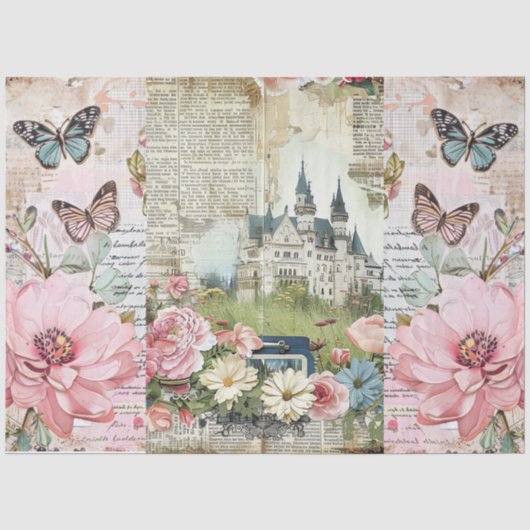 Roze Bloemen Ephemera Collage Decoupage Tissuepapier (Voorkant)