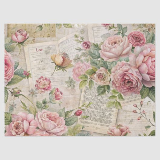 Roze Bloemen Ephemera Elegante Vintage Geïnspireer Tissuepapier (Voorkant)