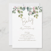 Roze Bloemen Eucalyptus Baby shower Invitation Kaart (Voorkant)