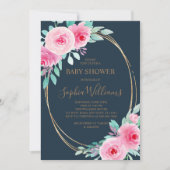Roze Bloemen & Eucalyptus Blad Navy Baby shower Kaart (Voorkant)