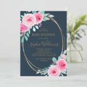 Roze Bloemen & Eucalyptus Blad Navy Baby shower Kaart (Staand voorkant)