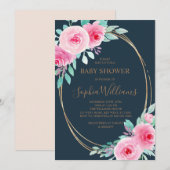Roze Bloemen & Eucalyptus Blad Navy Baby shower Kaart (Voorkant / Achterkant)