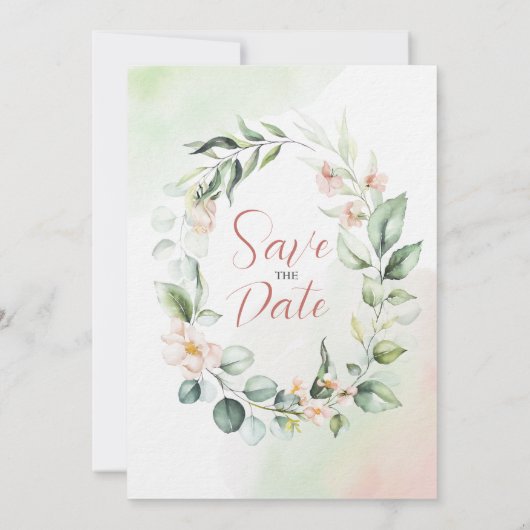 Roze Bloemen & Eucalyptus Bladeren Krans Uitnodigi Kaart (Achterkant)