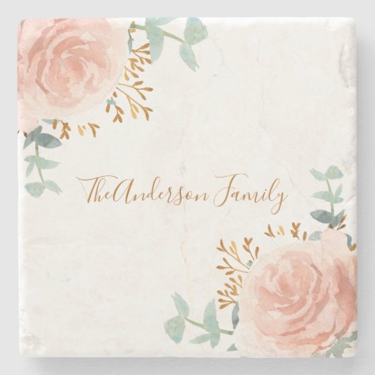 Roze bloemen eucalyptus gouden glitter familie stenen onderzetter (Voorkant)