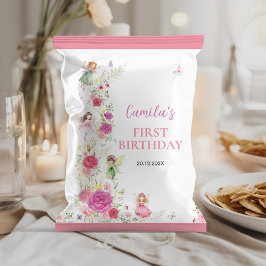 Roze Bloemen Fairy 1e Verjaardag Chip Bag Wrapper Flyer