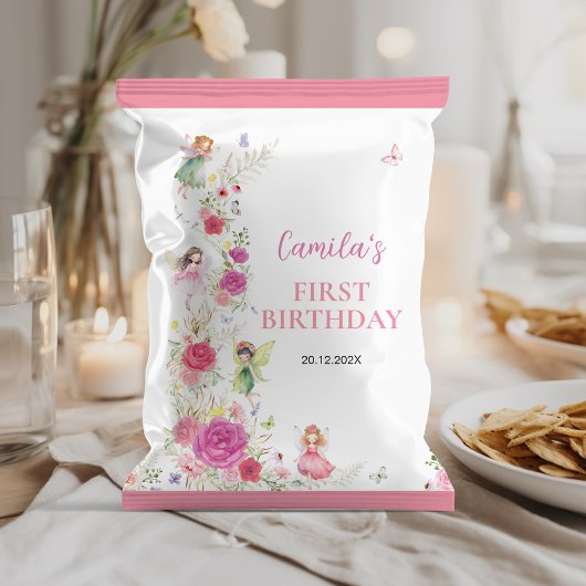 Roze Bloemen Fairy 1e Verjaardag Chip Bag Wrapper Flyer