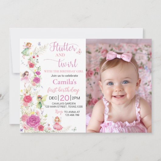 Roze Bloemen Fairy 1e Verjaardag Fotouitnodiging Bedankkaart (Voorkant)