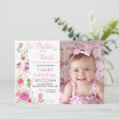 Roze Bloemen Fairy 1e Verjaardag Fotouitnodiging Bedankkaart (Staand voorkant)