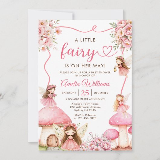 Roze Bloemen Fairy Girl Baby shower Kaart (Voorkant)