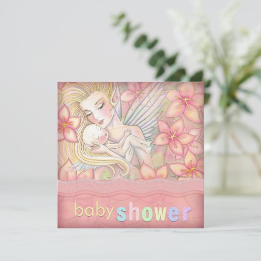 Roze Bloemen Fairy Moeder en Baby Baby shower Kaart (Staand voorkant)