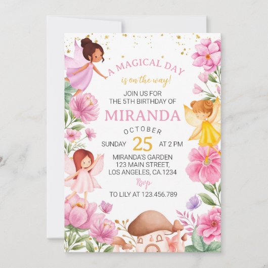 Roze Bloemen Fairy Verjaardag uitnodiging (Voorkant)