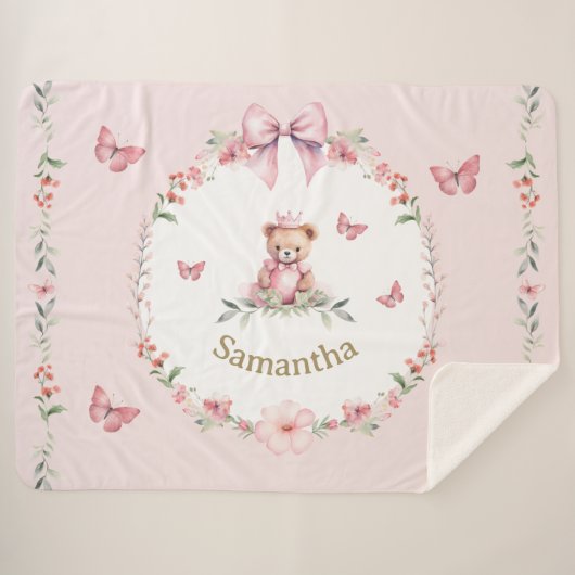 Roze bloemen fantasieën en teddybeer knuffels sherpa deken (Voorkant (horizontaal))