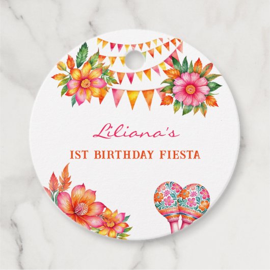 Roze Bloemen Fiesta 1e Verjaardag Bedankt Bedankjes Labels (Voorkant)