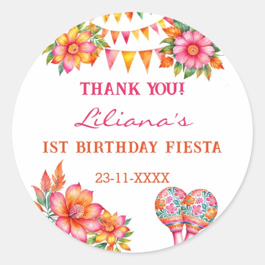 Roze Bloemen Fiesta 1e Verjaardag Bedankt Ronde Sticker (Voorkant)