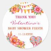 Roze Bloemen Fiesta Baby shower Dank u Ronde Sticker (Voorkant)