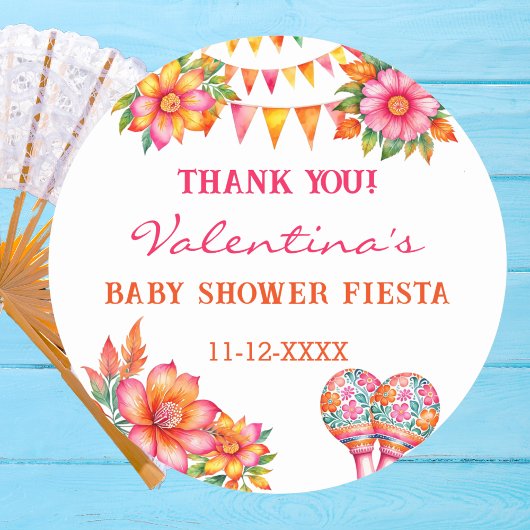 Roze Bloemen Fiesta Baby shower Dank u Ronde Sticker