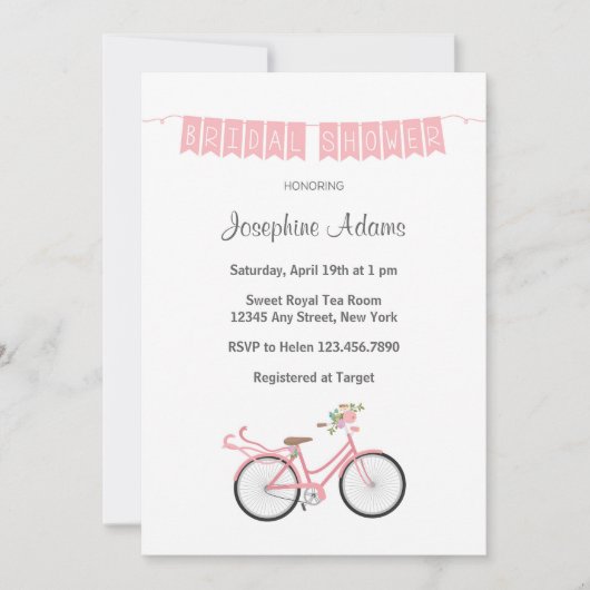 Roze bloemen fiets Bridal Shower Uitnodiging (Voorkant)
