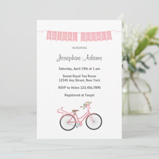Roze bloemen fiets Bridal Shower Uitnodiging (Staand voorkant)