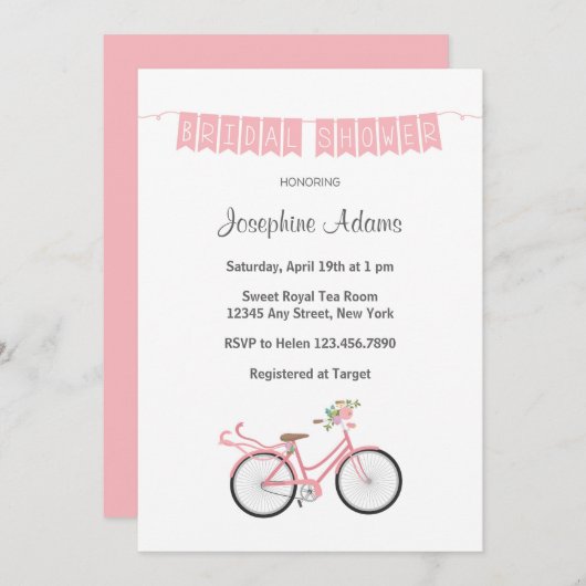 Roze bloemen fiets Bridal Shower Uitnodiging (Voorkant / Achterkant)
