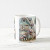 Roze Bloemen Fietsen bij Blue Cottage Gate Koffiemok (Voorkant rechts)