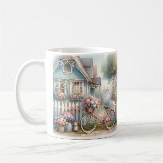 Roze Bloemen Fietsen bij Blue Cottage Gate Koffiemok (Links)
