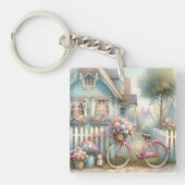 Roze Bloemen Fietsen bij Blue Cottage Gate Sleutelhanger (Voorkant)