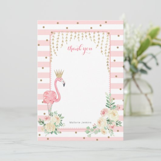 Roze Bloemen Flamingo met kroon bedankkaart Kaart (Staand voorkant)