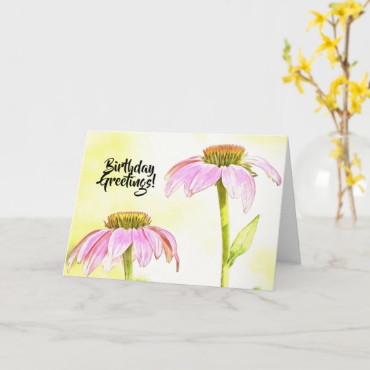 Roze Bloemen Floral Art Verjaardag Kaart (Gele Bloem)