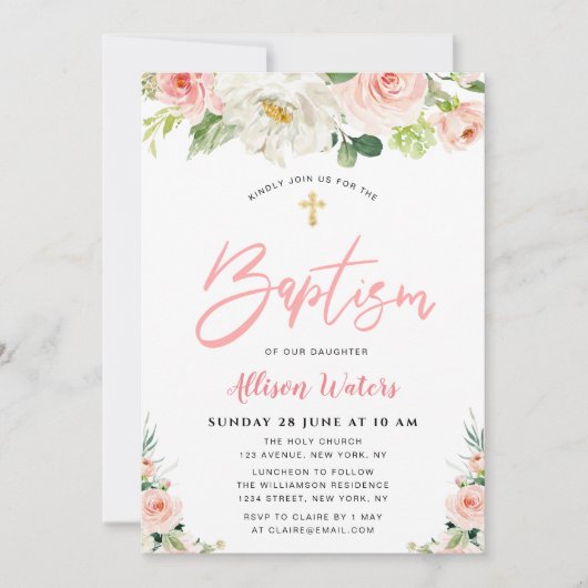 roze bloemen floral Baptisme uitnodiging (Voorkant)