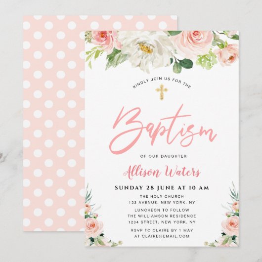 roze bloemen floral Baptisme uitnodiging (Voorkant / Achterkant)