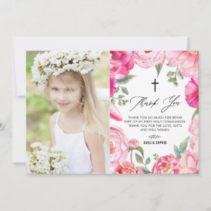 Roze bloemen Floral Lijst Eerste Heilige Communie Bedankkaart