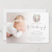 Roze Bloemen Foliage Cross foto doopsel Kaart (Voorkant)