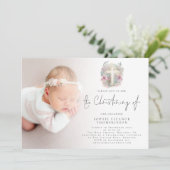 Roze Bloemen Foliage Cross foto doopsel Kaart (Staand voorkant)