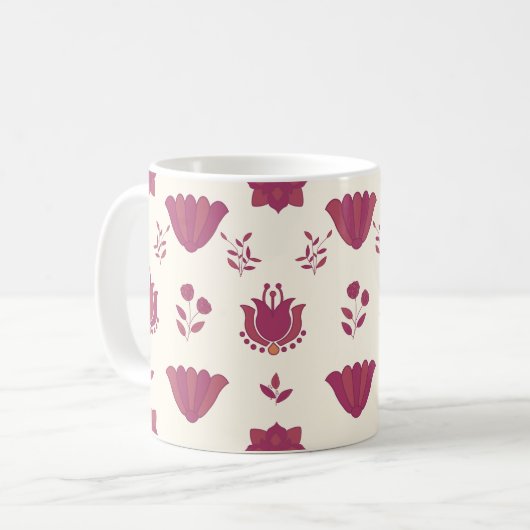 Roze Bloemen Folk Art Coffee Mok (Voorkant links)