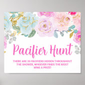 Roze Bloemen Fopspeen Hunt Baby shower Game Sign Poster (Voorkant)