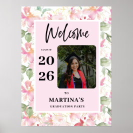 Roze Bloemen Foto Afstudeerfeest Welkomstbord Poster